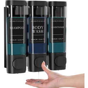 Shampoo and Conditioner Dispenser, Shower Soap Dispenser Wall Mounted, Refillable Shampoo and Conditioner Bottles for Bathroom Hotel Large Capacity(Black) (3 chamber)
