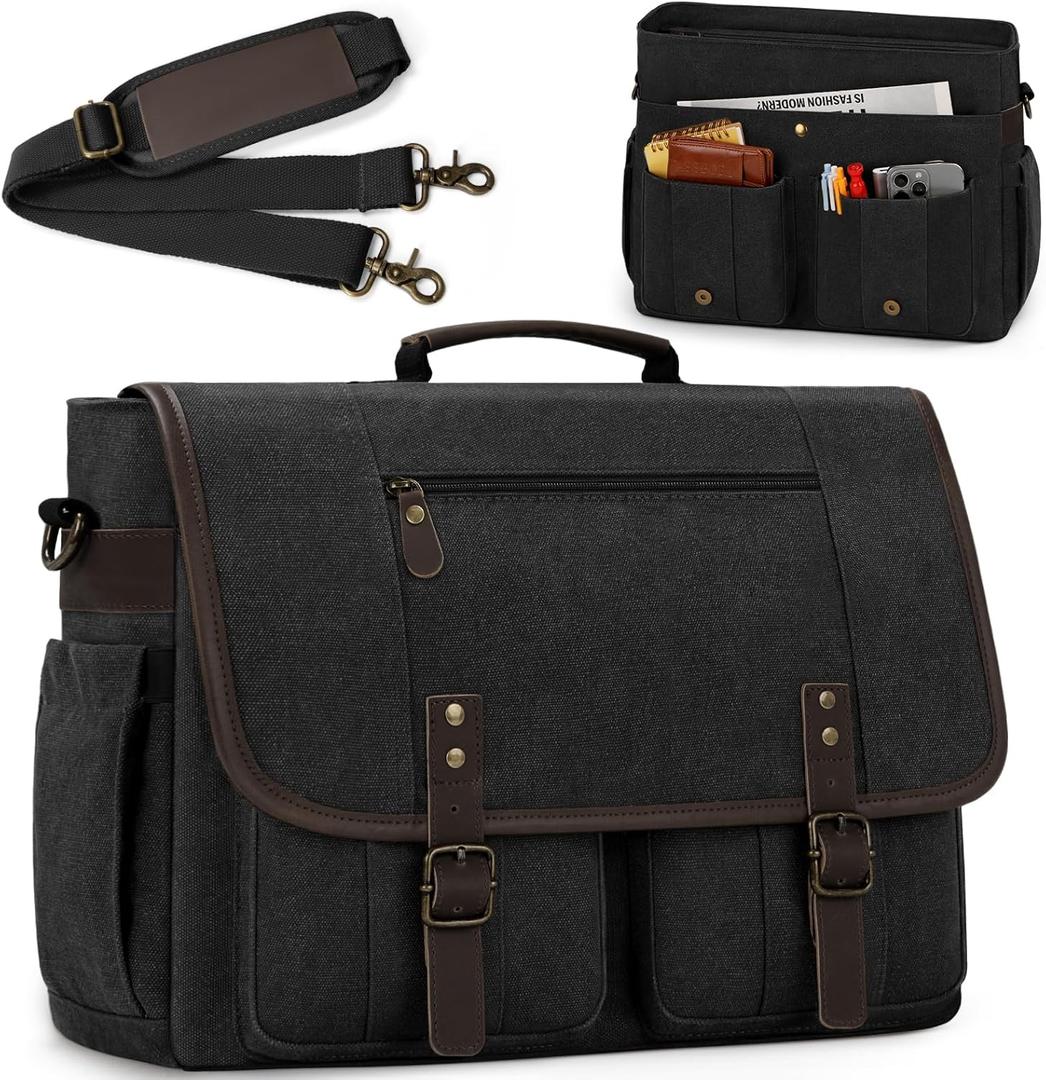 RAINSMORE Mens Messenger Bag 17-17.3 Inch Vintage Canvas Briefcase Water-resistant Large Computer Laptop Bag Rugged Satchel Shoulder Bag for Work Travel, Bookbag for College (Black)