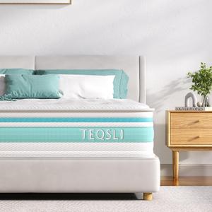 TeQsli Queen Mattress, 10 Inch Gel Memory Foam & Pocketed Coils, Medium Firm Hybrid Mattress for Back Pain Relief, Cooling Sleep Support, CertiPUR-US Certified, Queen Size