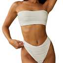 ZAFUL Women Strapless Textured Bandeau Bikini 2 Piece Swimwear Cheeky Solid Lace up Bathing Suits(1-White-CH,S) White S