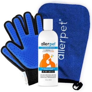 Allerpet Cat Dander Remover w/Free Pair of Grooming Gloves and Mitt - Effective Cat Dander Reduction, Anti Allergen Solution Made in USA - (12oz)