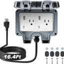 Outdoor Power Outlet Box with 16.4Ft Extension Cord, Type C & USB Ports, STW 14 AWG, NEMA 5-15R Dual Electrical Outlets, Weatherproof Waterproof IP66, Exterior Wall Socket with Cover for Garden