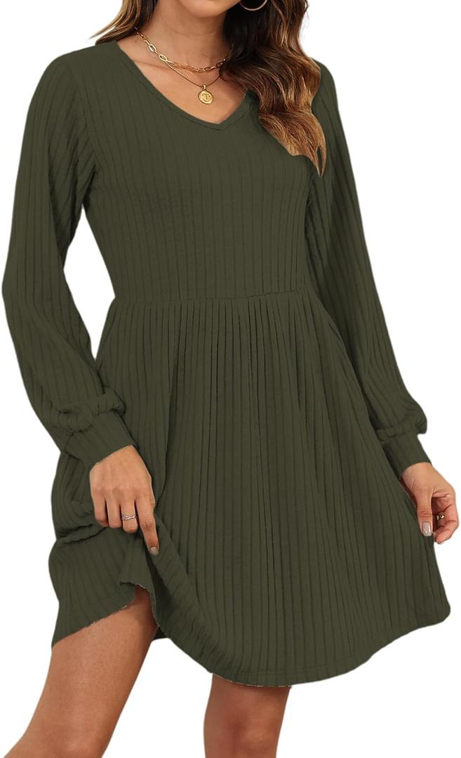 AUSELILY Womens Fall Dress 2025 Long Sleeve V Neck Short Dress Lightweight Casual Knit Sweater Dresses with Pockets (Green, L)
