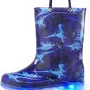 K KomForme Kids Rain Boots, Waterproof Light up Boots with Easy-on Handles (3 Big Kid, Blue Dinosaur)