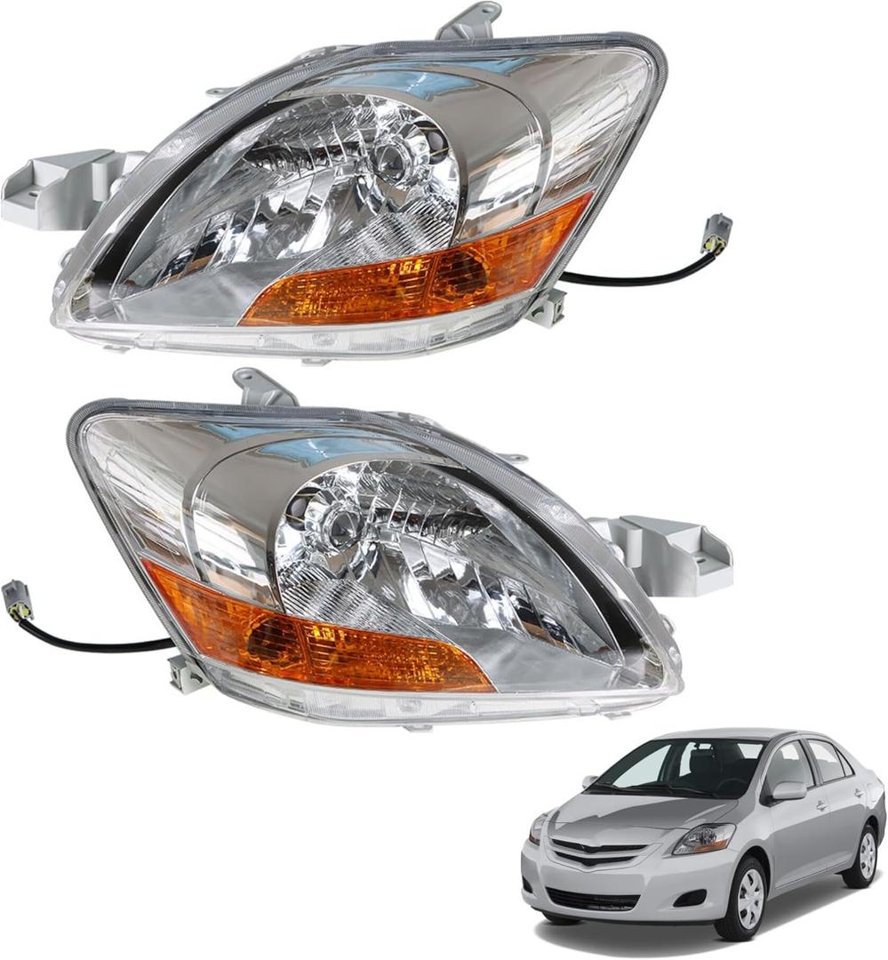1 Pair Headlight Assembly Headlamp Driver and Passenger Side Chrome Clear Lens Replacement for Yaris 2007 2008 2009 2010 2011 TO2518108, TO2519108, 8117052740, 8113052750