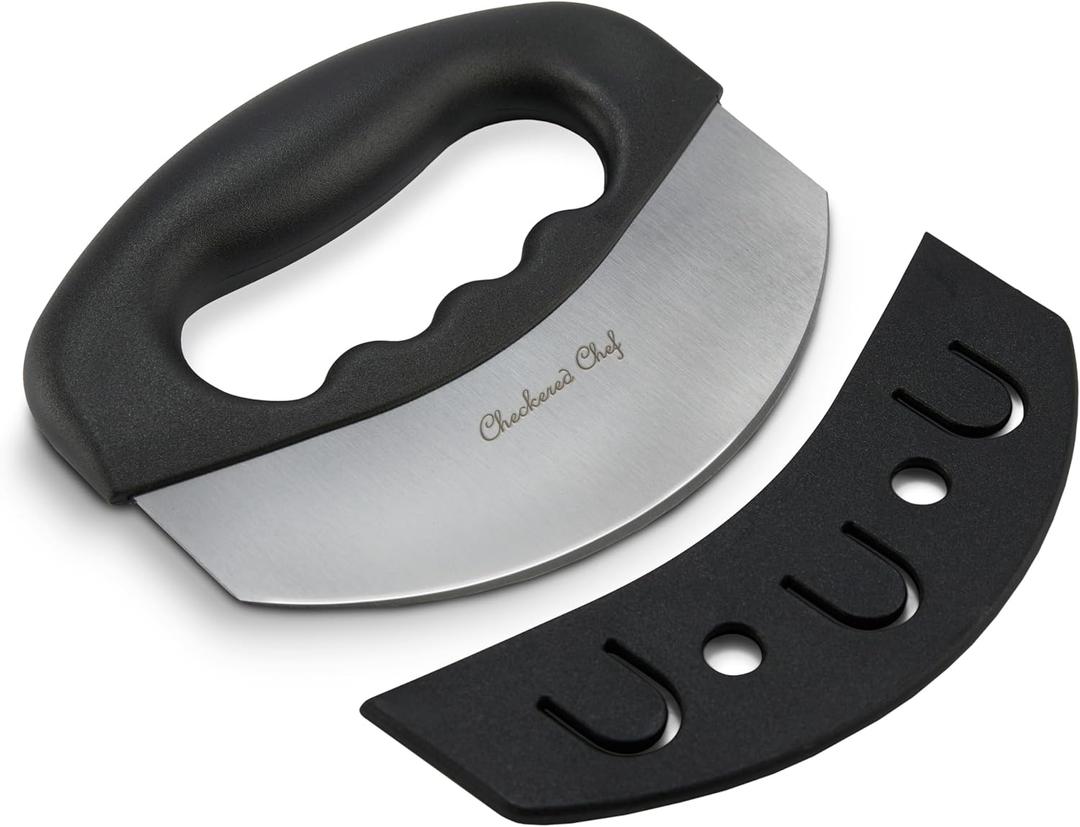 Checkered Chef Salad Chopper Tool with Cover, Mezzaluna Knife Stainless Steel Vegetable Rocker, Mincer, Cutter