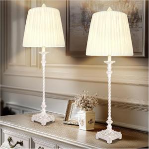 Vintage Table Lamp Set of 2, 33'' Tall Skinny Candle Stick Buffet Lamps with Pleated Shades, 3-Way Dimmable Bulb Included, Traditional Nightstand Bedside Lamps for Living Room Bedroom Dinning Entryway (Washed White)