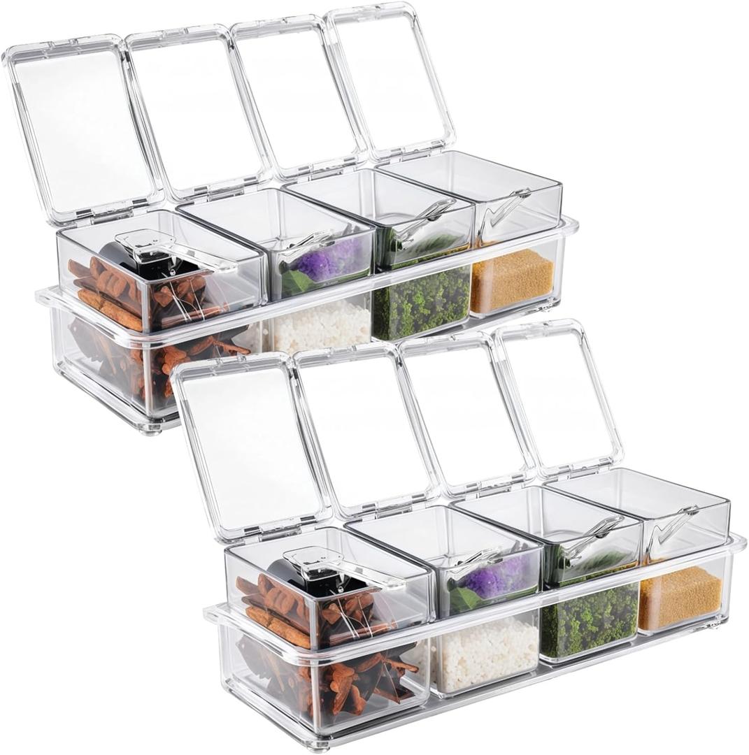 Homaisson 2 Pcs 4-Compartment Spice and Topping Containers Set with Spoons, Clear Plastic Storage Boxes for Condiments, Ice Cream Toppings, and Seasonings