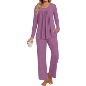 TAOHUADAO Womens Pajamas Set Plus Size Long Sleeve Tops and Pants Pjs Set Ladies Fall Winter 2 Piece Loungewear with Pockets (Large, 09 Purple Red)