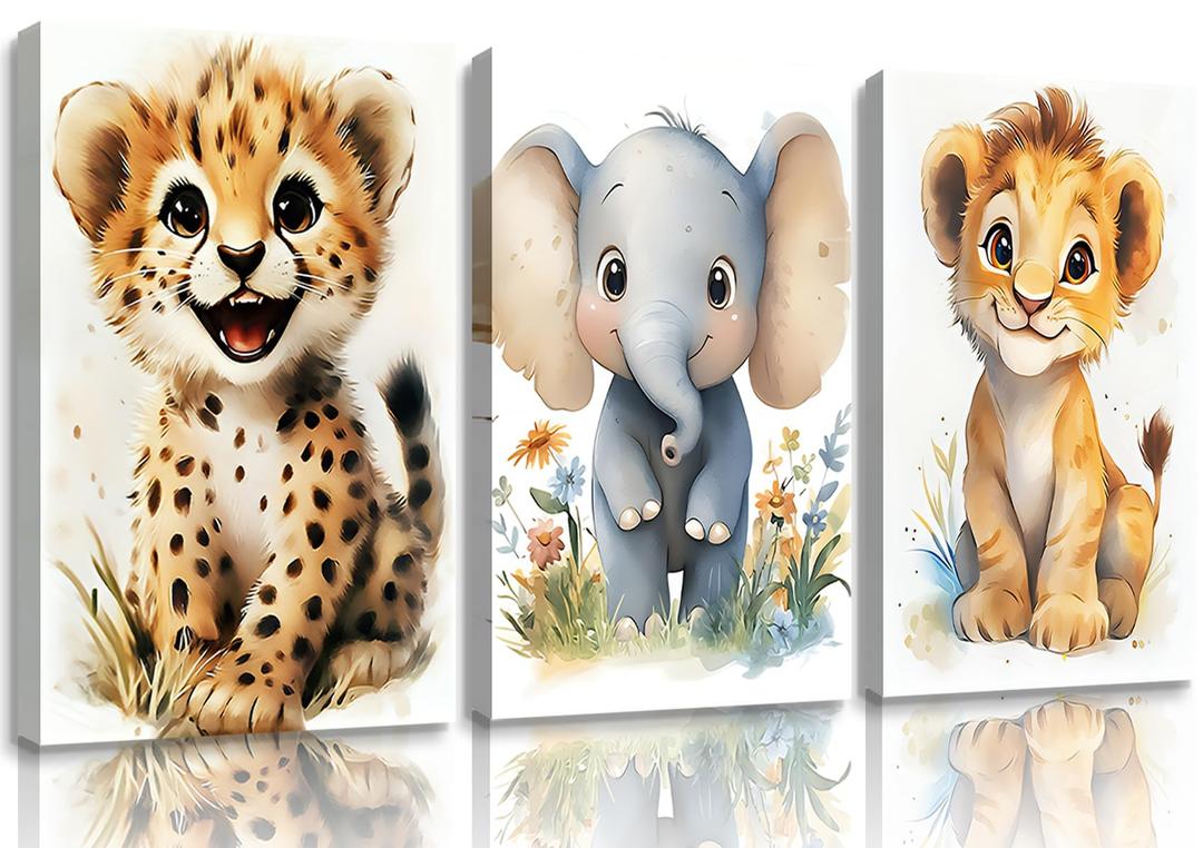 3Pcs Safari Animals Nursery Canvas Wall Art Jungle Animals Cheetah Elephant lion Posters Print Kids Room Watercolor Pictures Wall Decor for Boy Girl and Baby Room wall decoration 16x24in Canvas