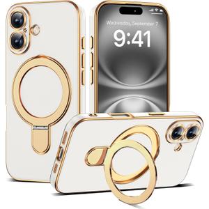Compatible with iPhone 16 Case with Magnetic Ring Stand [Compatible with Mag-Safe] [Full Camera Lens Protector] Soft Plating Phone Case for iPhone 16 6.1", White