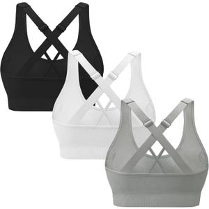 3-Pack Criss-Cross Strappy Sports Bras for Women - Padded High Impact Seamless Yoga Exercise Athletic Bra (Black Lightgrey White)