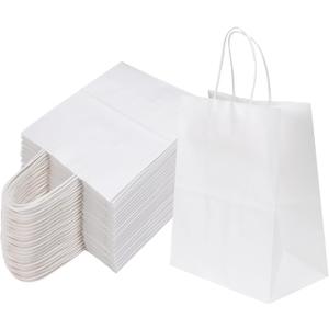 Joybe 100 Pack 8x4.75x10 Inch Medium White Kraft Paper Bags with Handles Bulk, Craft Paper Gift Bags for Party Favors Grocery Retail Shopping Business Goody Merchandise Take Out Blank Sacks (100pcs)
