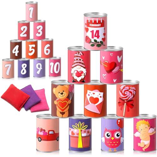Libima 13 Pcs Valentines Day Game Carnival Party Bean Bag Toss Sturdy Knockdown Outdoor Can Party Game with 10 Tin Cans and 3 Bean Bags for Outdoor and Indoor(Pink)