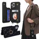 Crossbody Wallet with Cosmetic Mirror Case for iPhone 16 Pro, UP Leather Case with Card Slots Invisible Stand, Women Detachable Lanyard 6.3-Inch Phone Case Balck Black