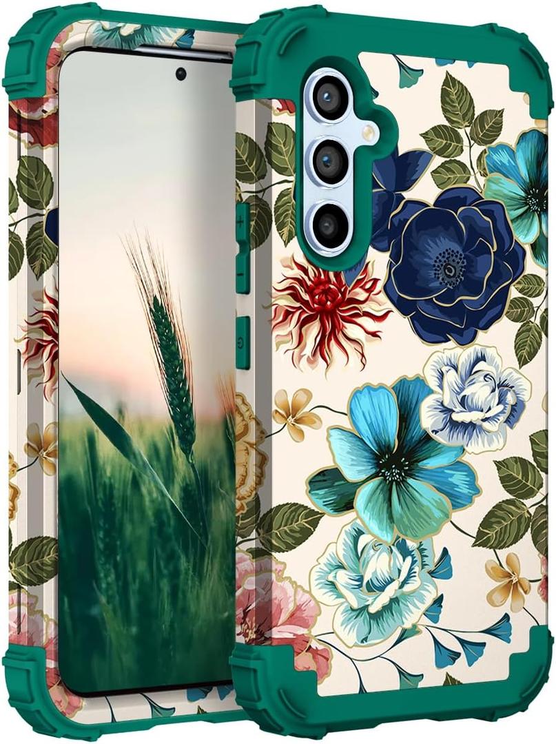Hocase for Galaxy S24 FE Case, Heavy Duty Shockproof Protection Soft Silicone Rubber+Hard Plastic Bumper Hybrid Protective Case for Samsung Galaxy S24 FE (6.7") 2024 - Teal Flowers