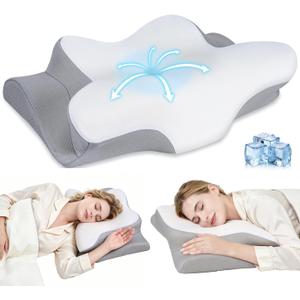 Cervical Neck Pillow, Memory Foam Pillows for Neck and Shoulder Pain Relief, 2 Heights Ergonomic Pillow with Breathable Ice Silk Cover, Neck Support Pillow for Side Sleepers,White, 24.8"×14.17"×3.54/4.72"