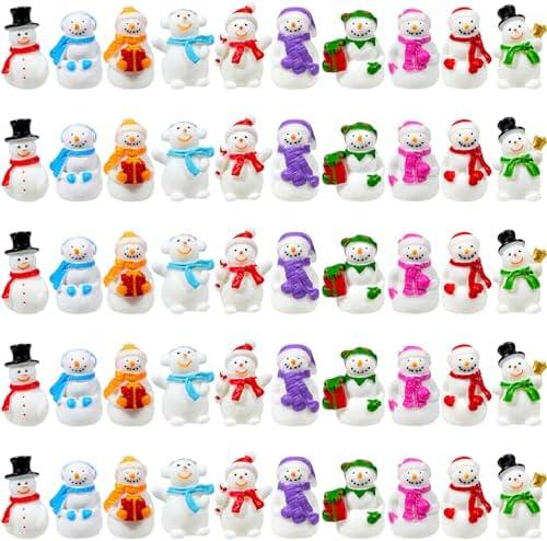 Exasinine 50Pcs Mini Snowman Figurines 10 Types Christmas Tiny Resin Snowman for Micro Landscape Ornament Mini Garden Accessories Winter Ornaments Crafts DIY Xmas Party