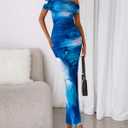 BTFBM Cocktail Dresses for Women 2026 Elegant Classy Off Shoulder Bodycon Mesh Slit Floral Maxi Spring Summer Dress (Blue, L)