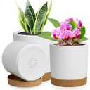 WSMKSZ 3 Pack 6/5/4 inch Cylindrical Flower Pots, Modern Small Round Plastic Plant Pots with Drainage Holes & Saucers, Clean and Refined Planter Pots for Outdoor, Indoor & Office Decor (White Brown)