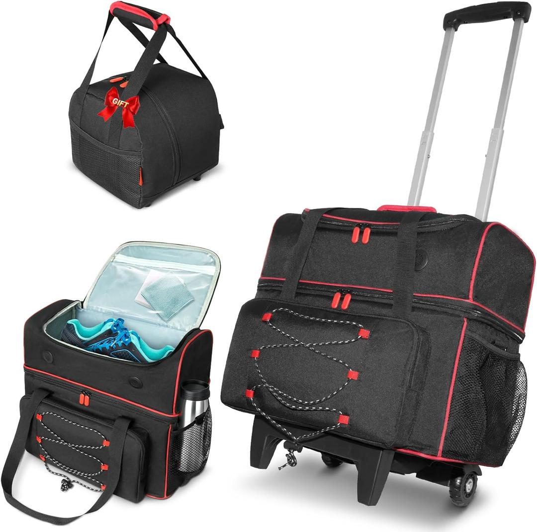 LIWSHWZ 2 Ball Bowling Bag with Wheels,Double Roller Bowling Ball Bag with Separate Breathable Shoe Compartment(Up To US Men Size 16),Plus Single Ball Tote and Thickened Floor Mat
