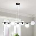 Modern Linear Chandelier 7-Lights Mid-Century Globe Ceiling Light Fixture Glass Pendant Lighting Black Linear Light for Kitchen Island Bedroom Foyer Living Dining Room Over Table