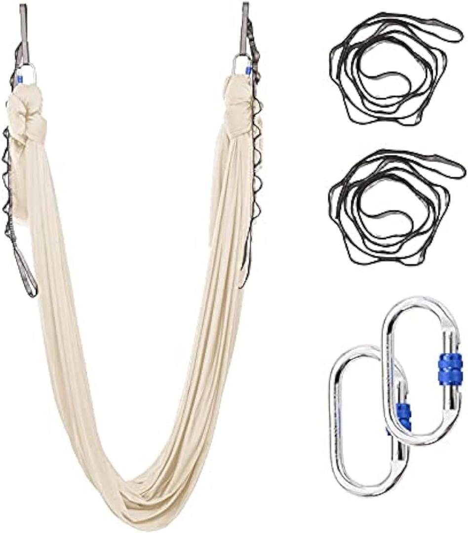 5.5 Yards Aerial Silks Yoga Swing Set - Aerial Yoga Hammock Kit Anti-Gravity Flying for Fitness, Low/Non Stretch Nylon Tricot Fabric Hardware Included for Dance (CHAMPAGNE)