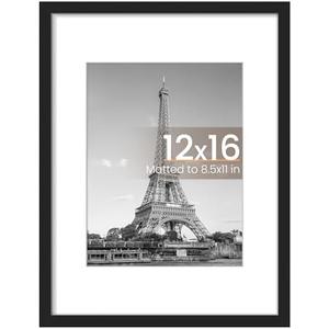 upsimples 12x16 Picture Frame, Display Pictures 8.5x11 with Mat or 12x16 Without Mat, Wall Hanging Photo Frame, Black, 1 Pack