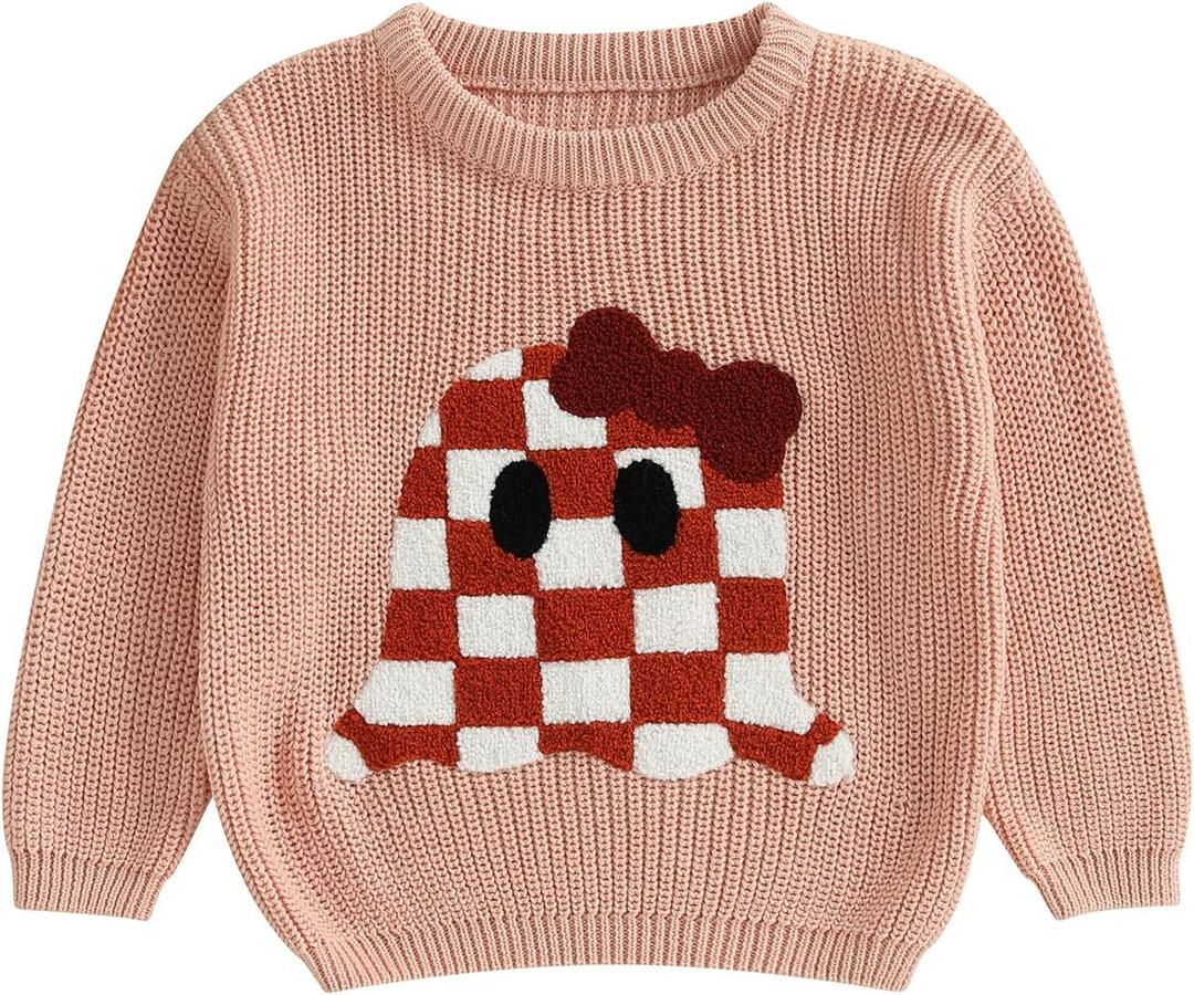 Kids Toddler Halloween Sweater Boys Girls Pumpkin/Ghost Embroidery Long Sleeve Knit Sweater Pullover Sweatshirt Top (3-4T, Pink Plaid)