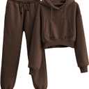 Tanming Women 2 Piece Outfits Sweatsuit Crop Fleece Lounge Set (Brown, S)