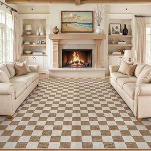 LIVEBOX 9x12 Area Rugs for Living Room, Checkered Non-Slip Washable Rugs, Farmhouse Neutral Classic Geometric Large Boys Area Rug for Bedroom, Carpet for Living Dining Room Office(Brown,9'x12')