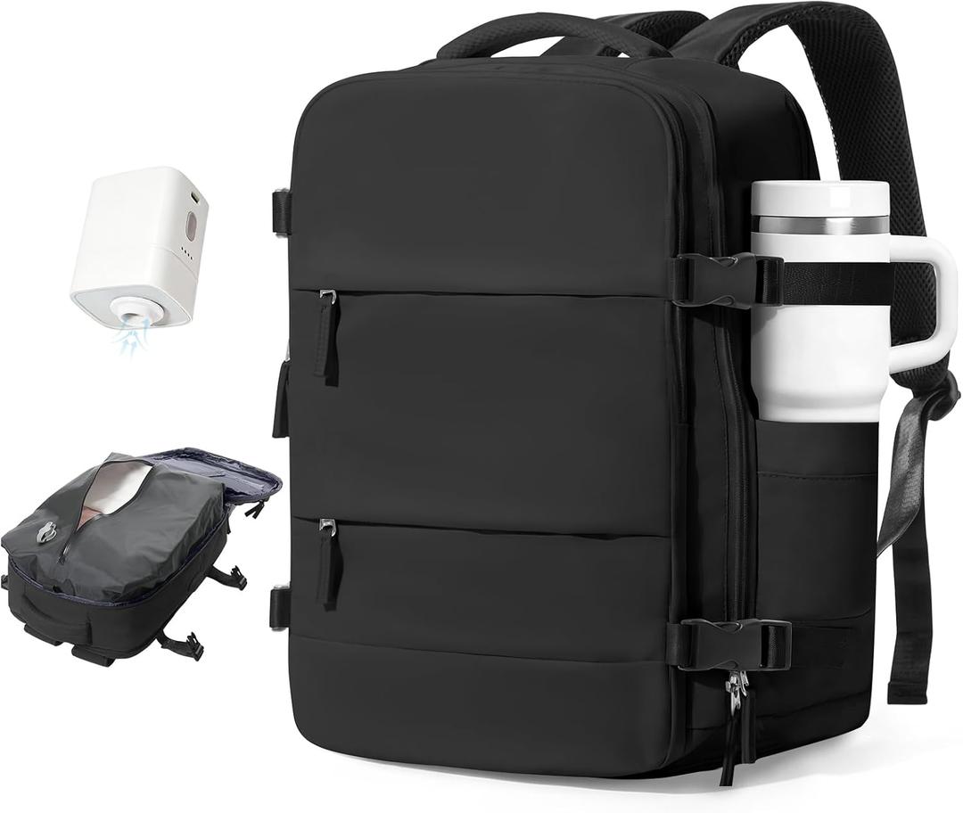 Vacuum Travel Backpack with Pump Women,Personal Item Carry on Backpacks Flight Approved 18x14x8 inches Men,Laptop Waterproof Work Compression bags Casual Daypack Mochila de Viaje Compresion al Black