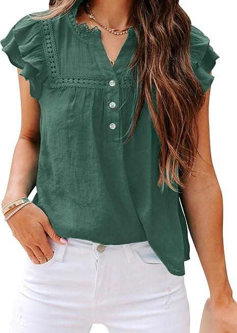 PRETTODAY Women's V Neck Lace Crochet Shirts Button Down Short Sleeve Casual Blouse Tops (Medium)