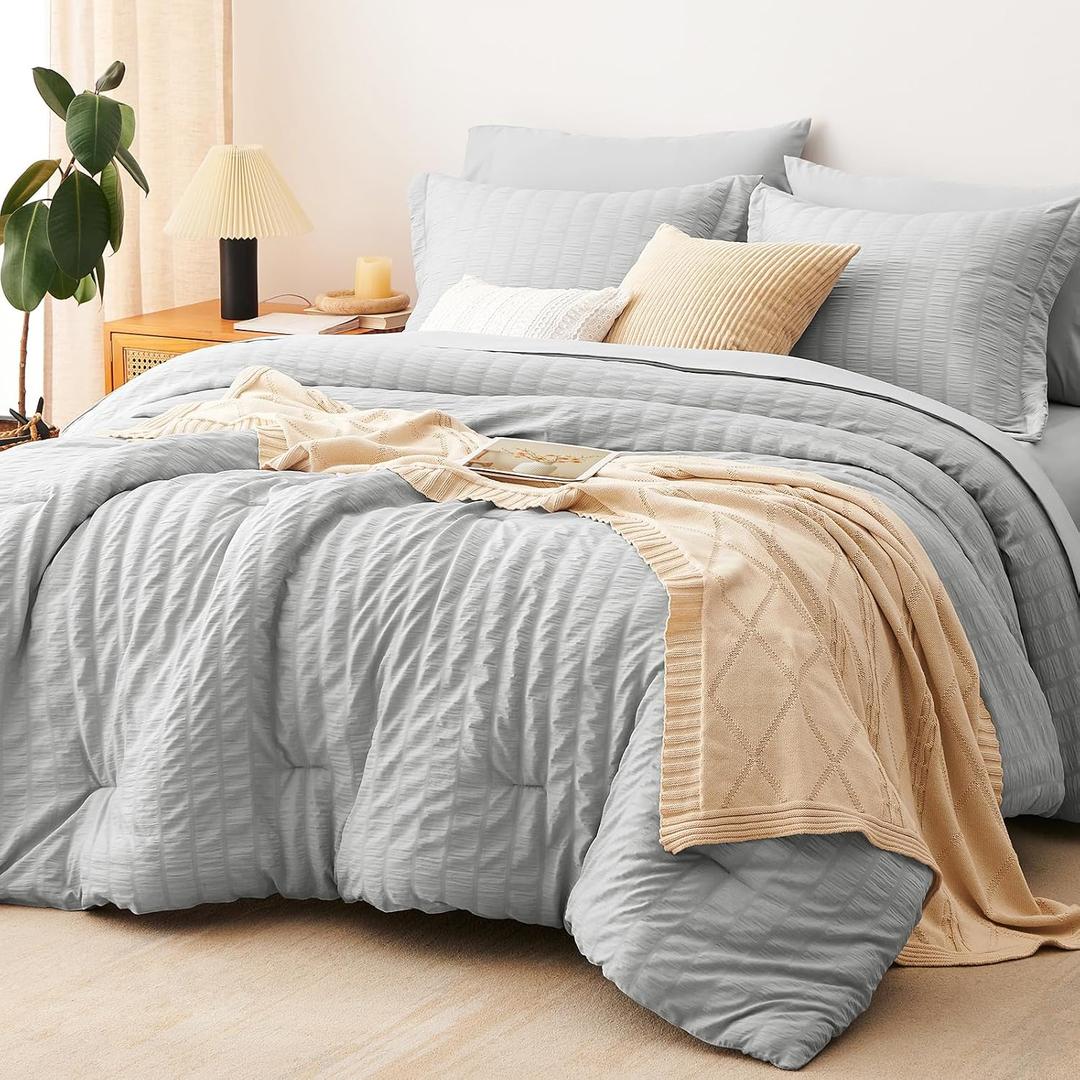 CozyLux Queen Comforter Set Light Grey Seersucker 7 Pieces Bed in a Bag Queen Comforter Set with Sheets, Light Gray Luxury Soft Bedding Set with Down Alternative Comforter, Sheets, Pillowcases & Shams