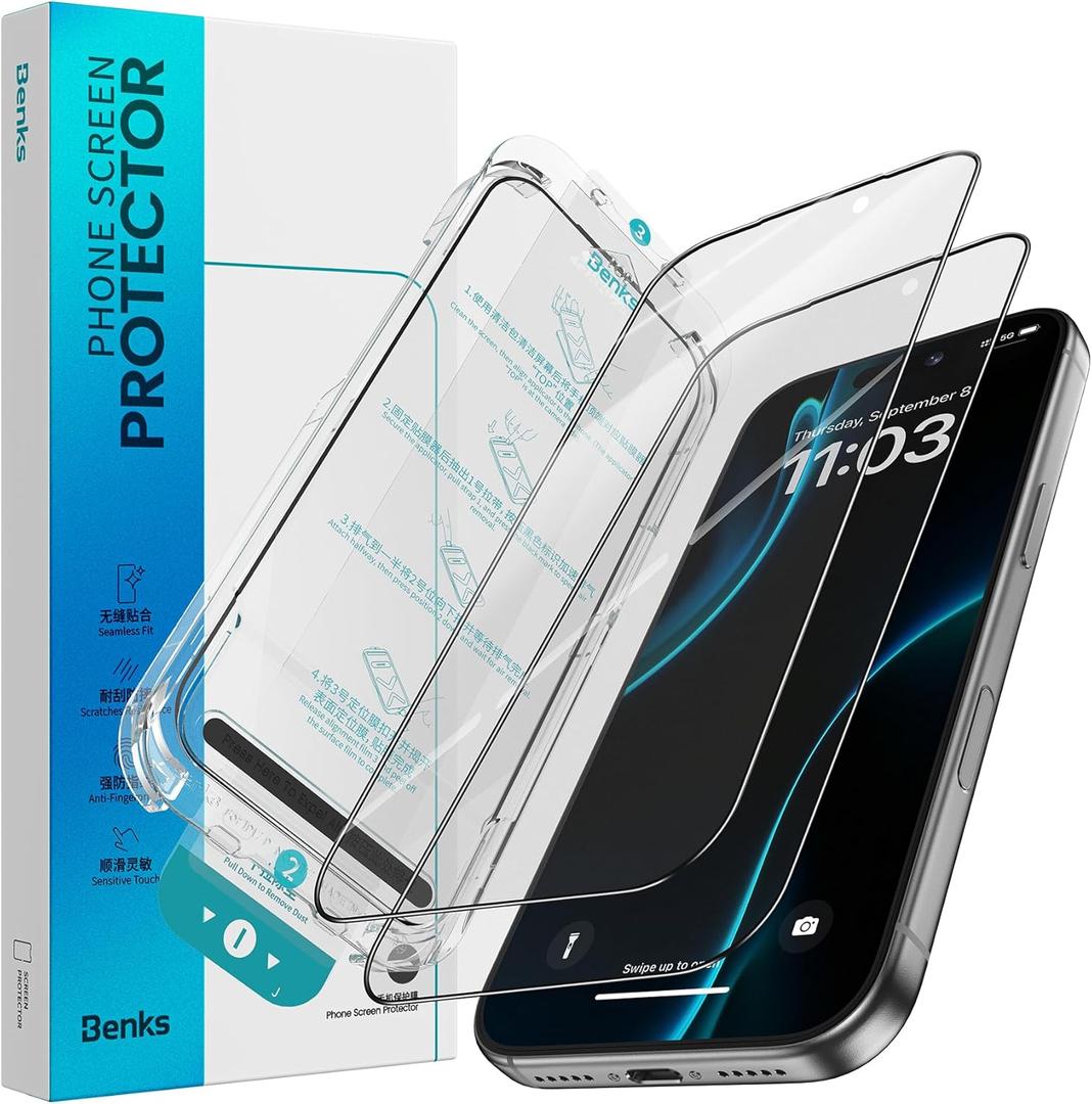 BENKS Matte Screen Protector for iPhone 16 Pro [2 Pack], Full Coverage Tempered Glass, Anti-Glare & Anti-Fingerprint, Easy Installation with Auto Dust Removal, Bubble-Free