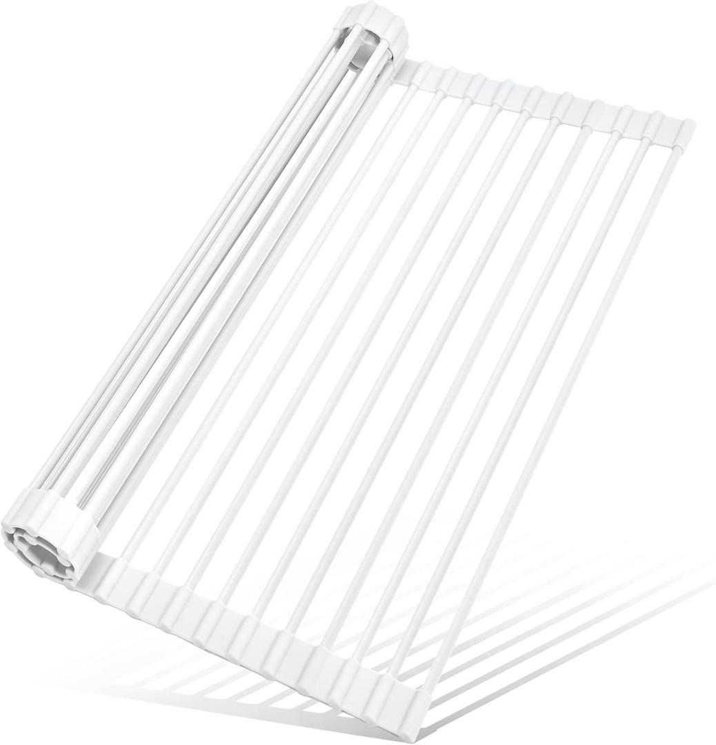 MERRYBOX Roll Up Dish Drying Rack, Silicone Wrapped Over The Sink Dish Rack Foldable Dish Drainer Anti-Slip Dish Racks for Kitchen Sink, Multipurpose Kitchen Sink Drying Rack, 17.5" x 13", White