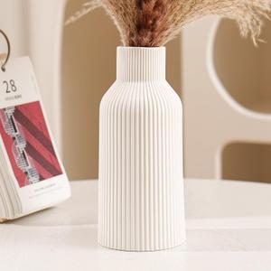 White Ceramic Flower, Pampas Grass Vase - Small Modern Bohemian Centerpiece for Dining Table, Mantel or Shelf Decor (Medium)