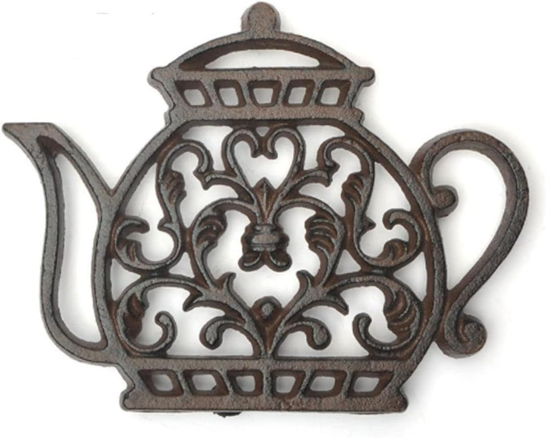 Cast Iron Trivets for Hot Dishes, Rustproof Tea Pot Black Trivet, Decorative Cast Iron Trivet for Kitchen Or Dining Table with Rubber Pegs/Feet - Brown