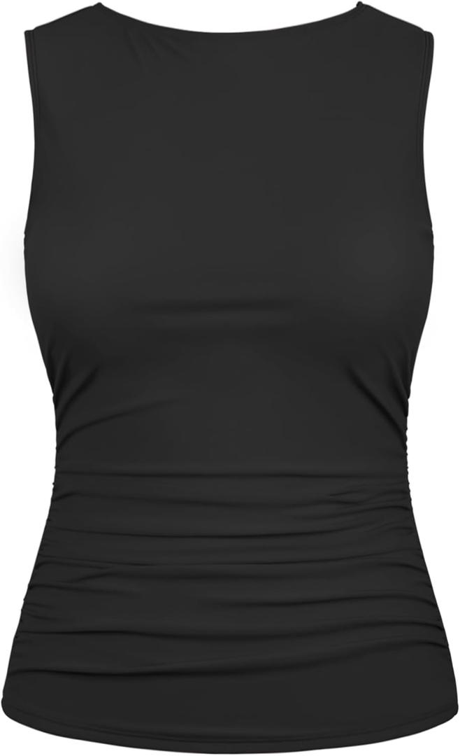 Firpearl Women's High Neck Underwire Tankini Tops Tummy Control Bathing Suit Top Modest Swim Tank Top Only (Size 8, Black)