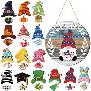 Qunclay Interchangeable Wooden Gnome Decor Holiday Seasonal Gnome Decorations with Magnet Pieces and Detachable Hats Changeable Welcome Sign for Home(Cute Style)
