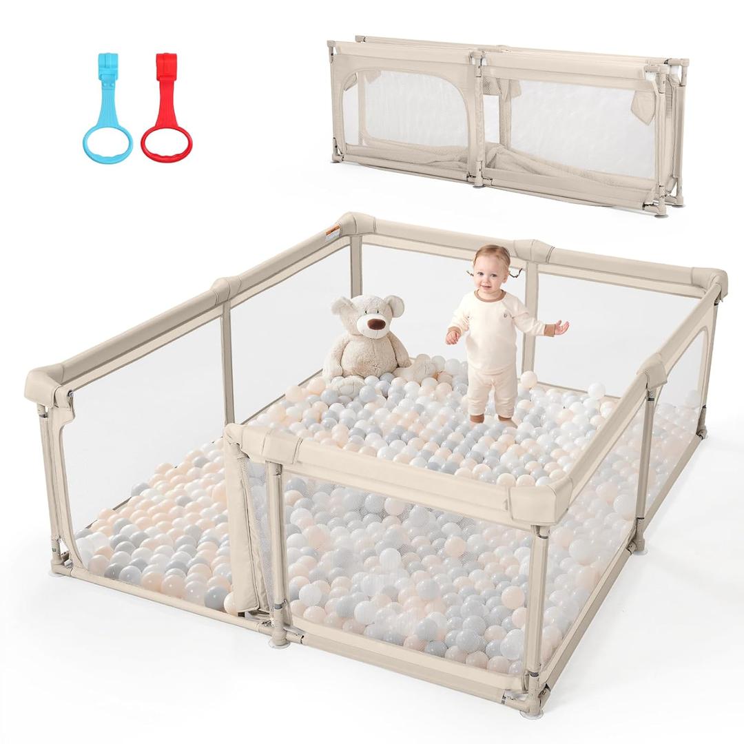 Baby Playpen,59"x59" Foldable Playpen for Babies and Toddlers with Gate,Large Play Pen with Zipper Door,Baby Play Pen Play Area(Khaki)