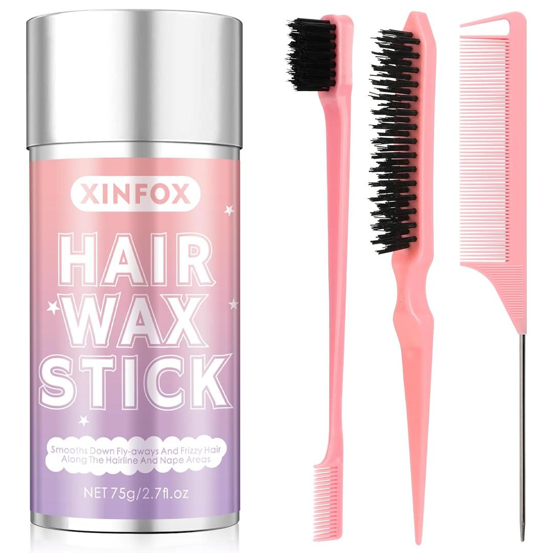 Hair Wax Stick, Slick Back Hair Brush, Wax Stick for Flyaways, Rat Tail Comb Edge Brush Styling Tool Set Accessories for Women Girls(Pink) (4 Piece (Pink))
