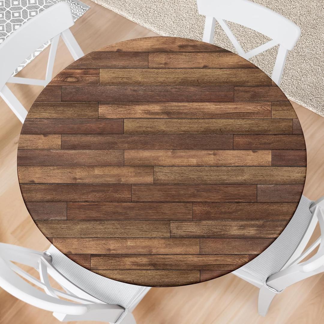 Farmhouse Round Fitted Tablecloth with Elastic Edge Wooden Brown Outdoor Tablecloth Waterproof Table Cover for Picnic Dinner Party Decor Fits 44-48" Diameter Round Tables