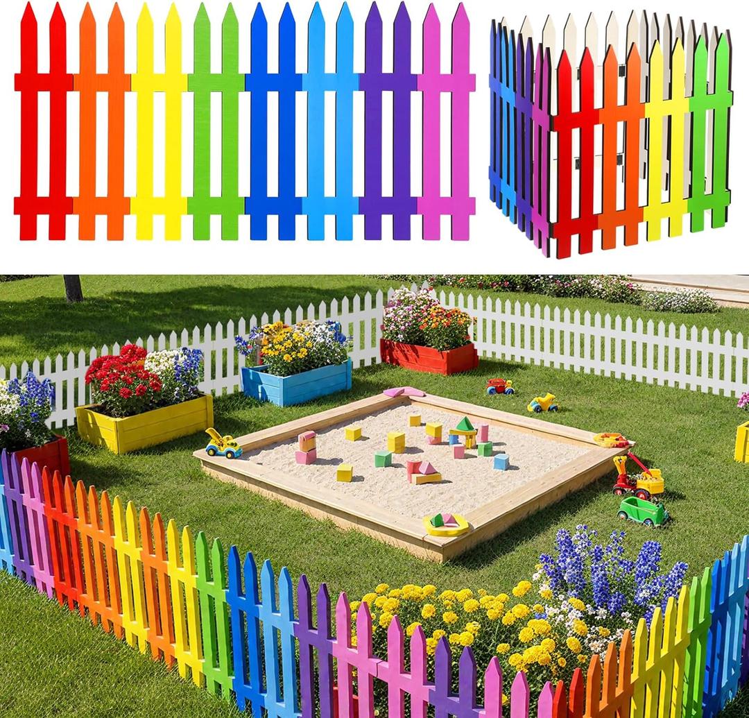 Chunful 16 Pcs Wooden Garden Fence Garden Border Edging Decorative 15.7" H x 63" Landscape Border Edging Ornamental Fence for Home School Lawn Flower Beds(Rainbow)