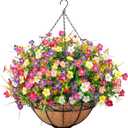 Ouddy Decor Artificial Hanging Flowers with Basket, Faux Silk Flowers in Coconut Lining Basket, Spring Summer Outdoor Decor Fake Hanging Plants for Garden Patio Yard Porch Lawn, Mixed Color
