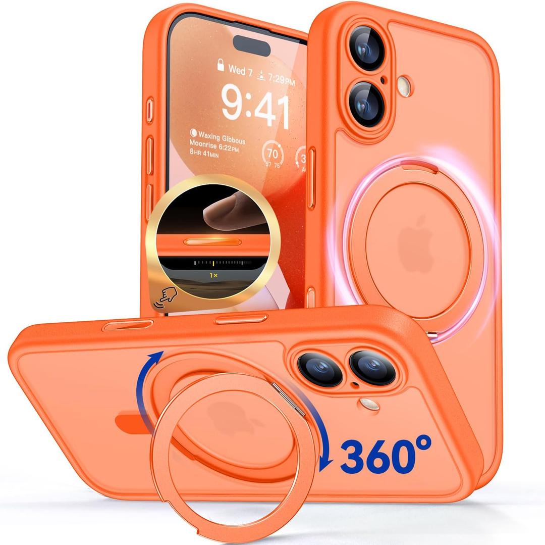 CANSHN 360 Spin Magnetic Stand for iPhone 17 Case with Camera Control [Full Camera Protection] [Compatible with Magsafe] Translucent Matte Shockproof Protective Phone Cover 6.3" - Orange