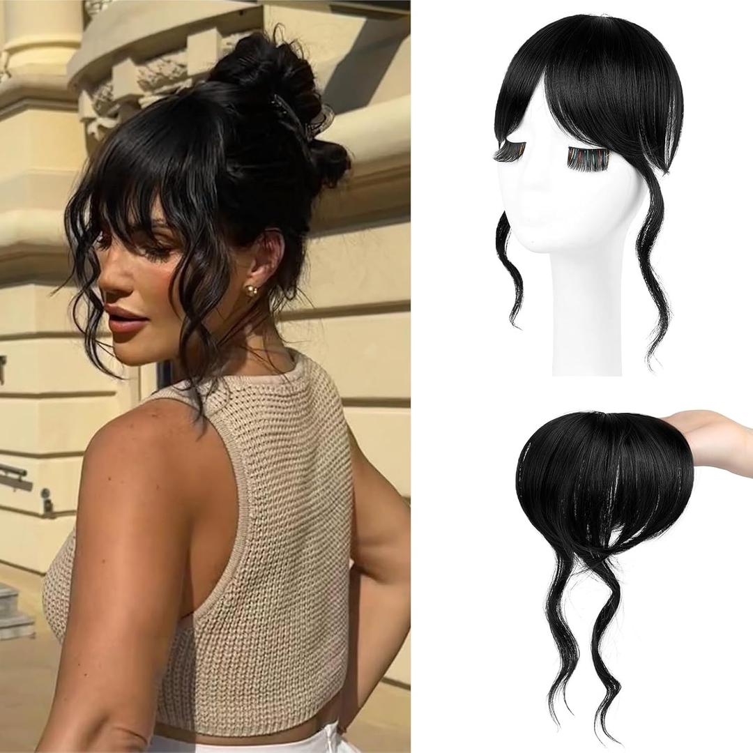 Flufymooz Clip in Bangs,12 Inch French Bang Fringe with Temples Hairpieces for Women Daily Wear-Natural Black