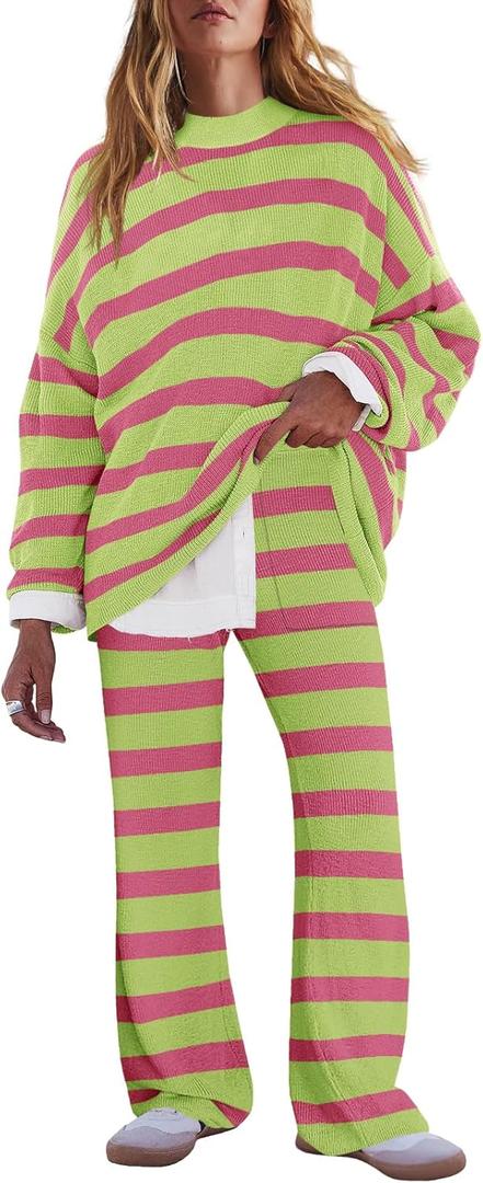 LAMISSCHE Oversized Womens Lounge Set Striped Sweater Set Long Sleeve 2 Piece Pajama Set Top and Pants with Pockets (X-Large, Green & Hot Pink)