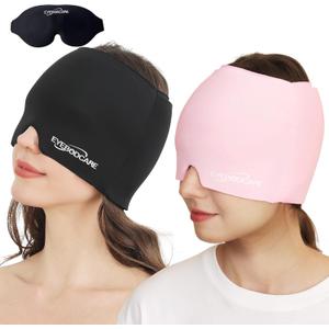 2 Pack Migraine Relief Cap, Reusable Headache Relief Cap with Hot & Cold Therapy, Soothing Headache Hat, Odorless Gel Ice Head Wrap for Tension, Stress, Sinus & Headache, Black&Pink