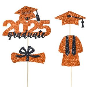 4 Pcs 2025 Graduate Cake Topper Orange Glitter Congrats Grad Cake Topper Class of 2025 Cake Decor for 2025 Senior High School/College/University Happy 2025 Graduation Party Supplies Decorations, 2pack